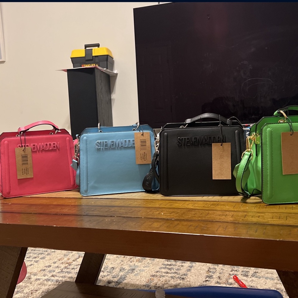 Black, green, pink, and blue